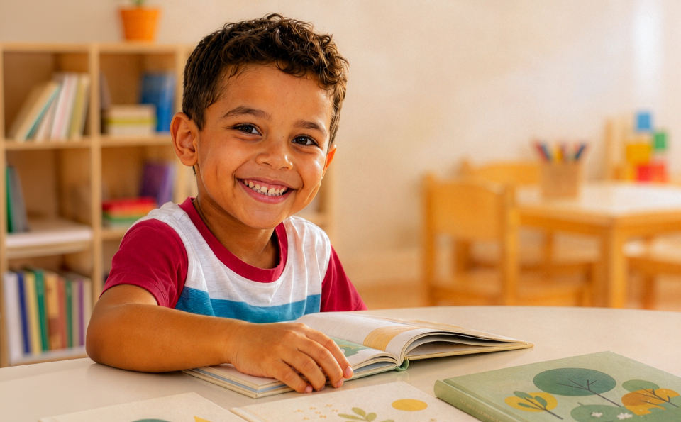 Menino sorrindo com um livro aberto sobre a mesa, em uma sala de educação infantil